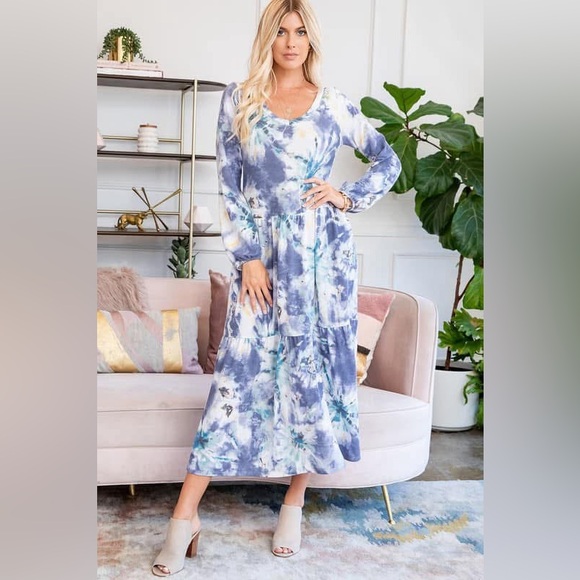 Sweet Lovely by Jen Tie Dye Midi Dress in navy mix - Picture 1 of 5